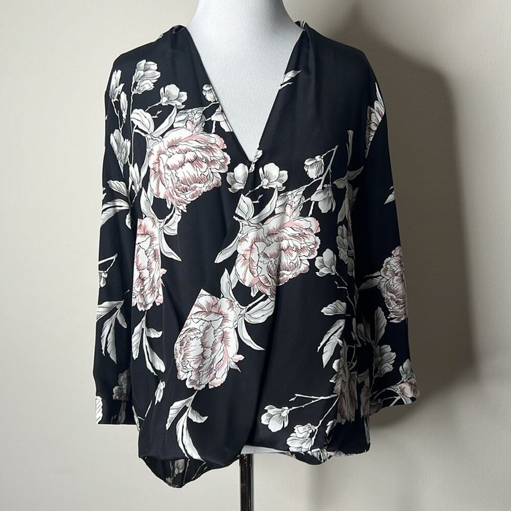 Yumi Silk Black and Pink Floral Wrap Front Blouse